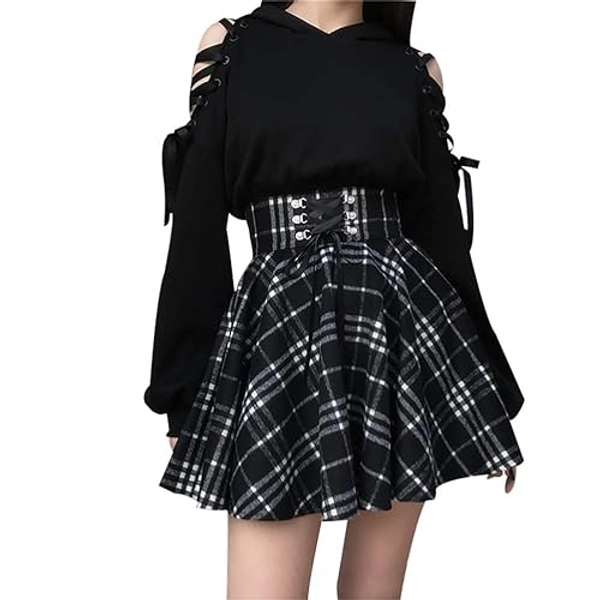 Women Girls Plaid Skirts High Waist A-Line Belt Lace Up Mini Pleated Skirt Dress