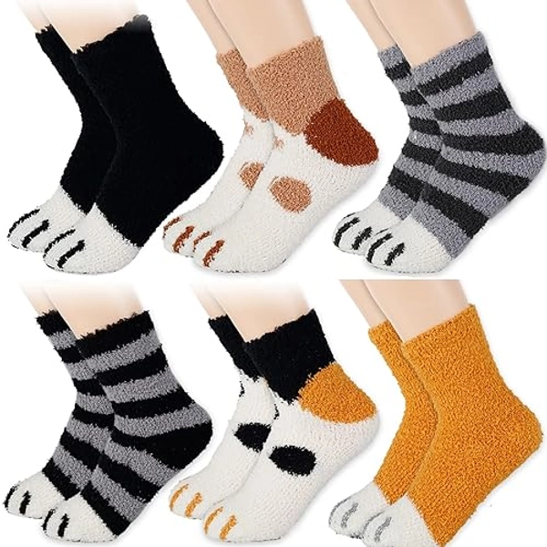 Cat Paw Socks 6 Pairs Thick Winter Warm Fuzzy Cozy Socks Cute Cat Claw Indoor Sleeping Socks for Women Girls