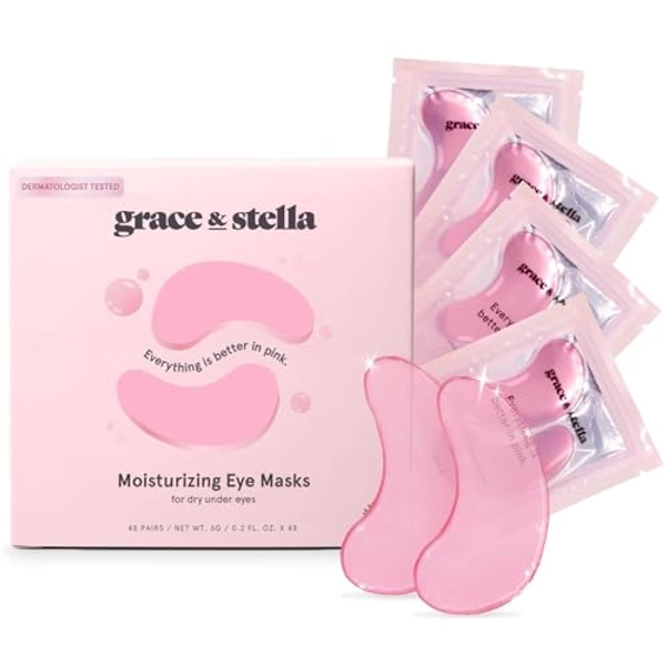 grace & stella Award Winning Under Eye Mask (Pink, 48 Pairs) Reduce Dark Circles, Puffy Eyes, Undereye Bags, Wrinkles - Gel Under Eye Patches - Gifts for Girlfriend - Vegan Cruelty-Free Self Care