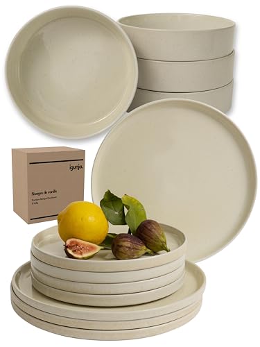 igunja Steingut Geschirrset 12 teilig für 4 Personen Premium Qualität spülmaschinenfest kratzfest [außen matt innen glossy] Tafelservice Geschirr Set Teller Set stylishes Design modern beige Geschirr - 12 teiliges Set