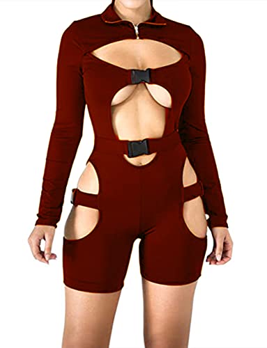 Yeshire Women's Bodycon Bag Buckle High Neck Long Sleeves Sexy Hollow Out Rompers Jumpsuits Clubwear - X-Large - Wine Red