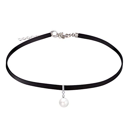 FJ Black Leather Choker Necklace for Women - Pearl