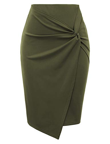 Kate Kasin Wear to Work Pencil Skirts for Women Elastic High Waist Wrap Front Knee Length Bodycon Skirt Tummy Control - Olive Green - X-Large