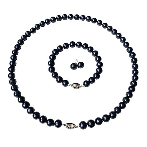 Black Pearl Necklace Bracelet & Earrings Set