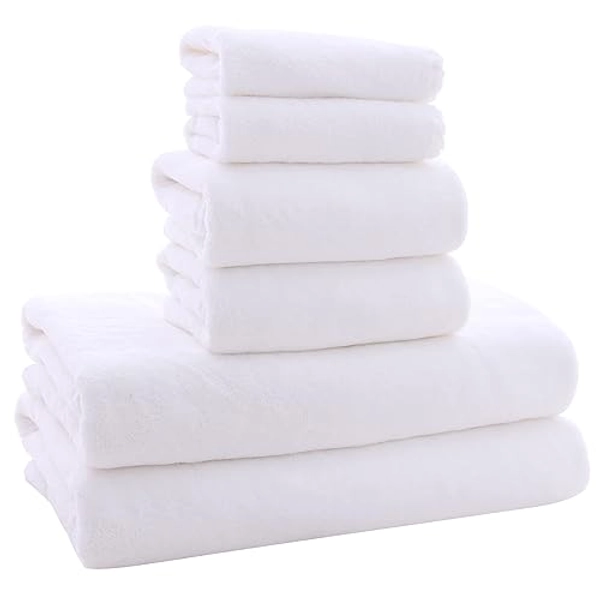 MOONQUEEN Ultra Soft Towel Set - Quick Drying - 2 Bath Towels 2 Hand Towels 2 Washcloths - Microfiber Coral Velvet Highly Absorbent Towel for Bath Fitness, Sports, Yoga, Travel (White, 6 Pieces)