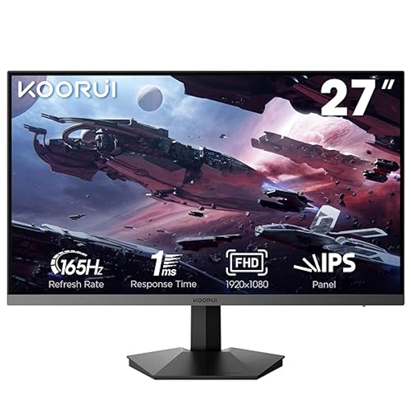 KOORUI 27 inch Gaming Monitor, 144Hz Monitor 165Hz IPS FHD 1920 x 1080 1ms(GTG) with Adaptive Sync, 75x75 mm VESA Mountable, Tilt Adjustable, 2 x HDMI 2.0 & DisplayPort 1.4, Black