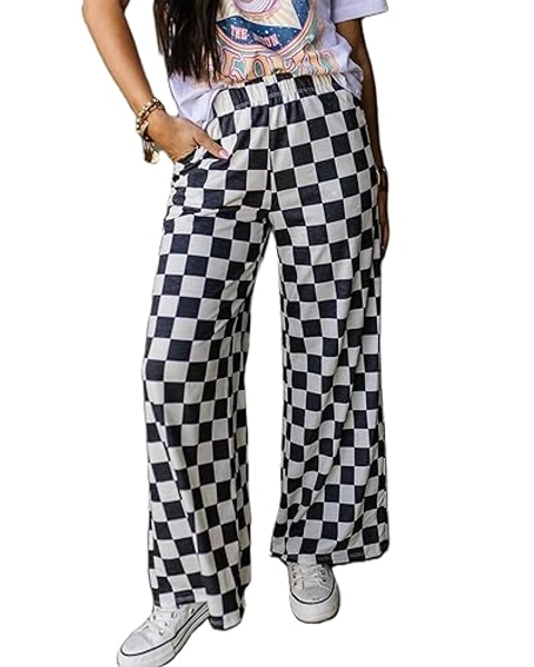 IWOLLENCE Women's Casual Loose Checkered Wide Leg Pants High Waist Straight Lounge Y2K Gingham Trousers Summer