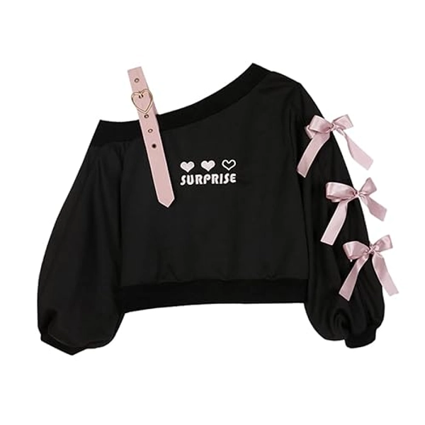 Off Shoulder Sweatshirts Teen Girls Lolita Kawaii Embroidered Heart Graphic Lace Up Crop Top Casual Pullover…