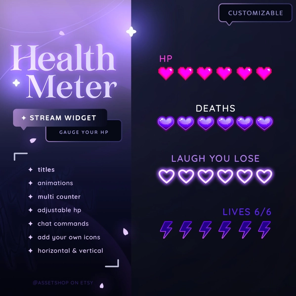 Health Meter Widget - for Twitch & YouTube | Customizable Health Bar, Lives, Damage, Attack, Event Triggers | StreamElements OBS Counter