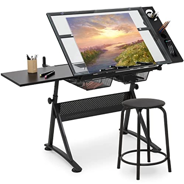 Magshion Drafting Table Desk Adjustable Height Artist Desk with Tilting Glass Tabletop and Sliding Wood Desktop, All-in-One Art Desk for Reading, Writing Art Craft with Stool and Iron Drawers (Clear)