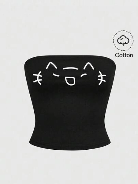 ROMWE Grunge Punk Cute Emoticon Anime Black Cotton Camisole Top For Women