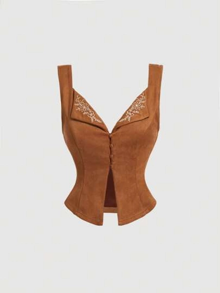 SHEIN MOD Women's Fold Collar, Embroidered, Suede Sleeveless Top, Bohemian 70s Style, Autumn,Women Jackets
