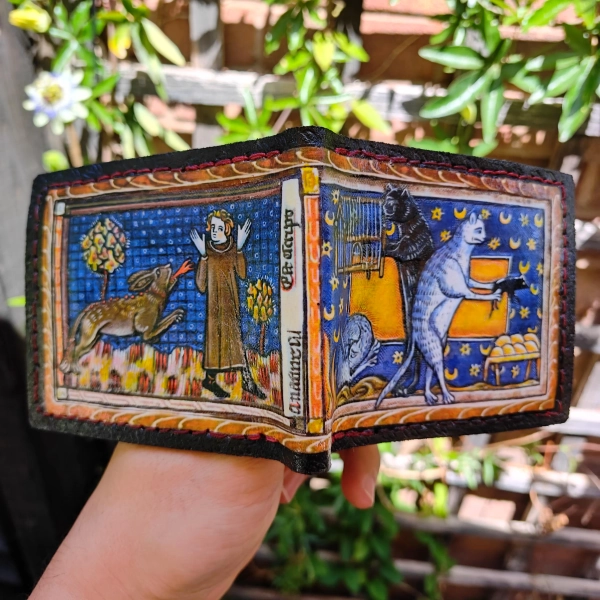 Marginalia medieval cats and monk and rabbit- leather wallet- Dark Brown and ivory colour - Leather Bifold Wallet - Handcrafted