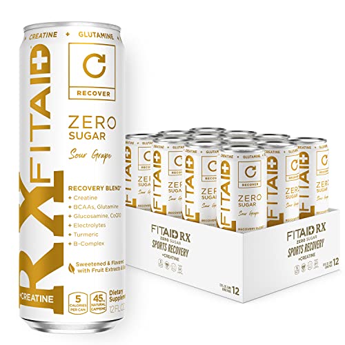 FITAID Rx Zero, Keto-Friendly, Number 1 Post-Workout Recovery Drink, 0g Sugar, Quercetin, Creatine, BCAAs, Green Tea, 5 Calories, 12 Fl Oz (Pack of 12) - FITAID RX ZERO Sugar + Creatine, Sour Grape - 12 Fl Oz (Pack of 12)