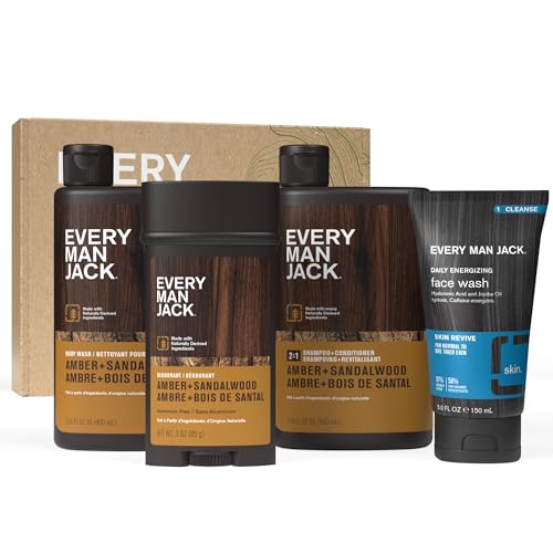 Every Man Jack Men’s Amber + Sandalwood Bath and Body Gift Set - Clean Ingredients & Sandalwood, Amber, and Vetiver scent - Round Out His Routine with Body Wash, 2-in-1 Shampoo, Deodorant & Face Wash - Amber + Sandalwood