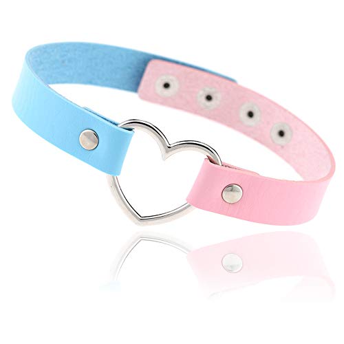 ETHOON Love Heart Adjustable Leather Choker Punk PU Necklace Goth Choker Soft Collar Chain for Women - Heart-PinkBlue