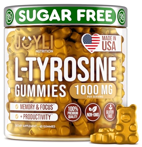 Joyli L Tyrosine Gummies 1000MG - L-Tyrosine Supplement for Kids & Adults - Calm & Focus Gummies for Brain, Memory, Mood, and Energy - 500mg L- Tyrosine Powder per Gummy - Vegan, Gluten-Free - Unflavored - 60 Count (Pack of 1)