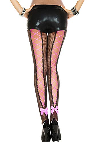 ToBeInStyle Women's Rainbow Multicolored Fishnet Novelty Tights Hosiery - One Size - Lace Up Corset Back Pantyhose With Satin Bow - Black/Pink
