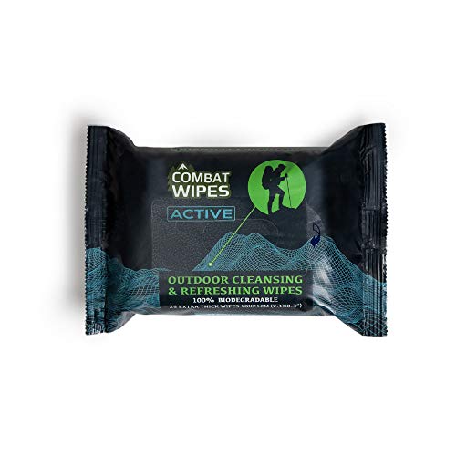 Combat Wipes ACTIVE Outdoor Wet Wipes - Extra Thick Camping Gear, Biodegradable, Body & Hand Cleansing/Refreshing Cloths for Backpacking & Gym w/Natural Aloe & Vitamin E (25 Wipes) - Active - 25 Count (Pack of 1)