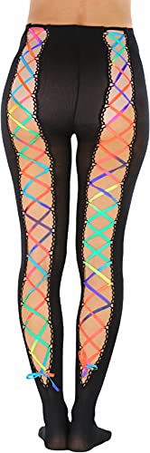 ToBeInStyle Women's Rainbow Fishnet Sheers - One Size - Opaque Black With Rainbow Lace Up Backseam
