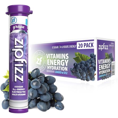 Zipfizz Daily Energy Drink Powder, Grape, 20 Pack | 3-in-1 Sustained Energy, Rapid Hydration, and Essential Vitamins | Sugar-Free | Electrolyte Powder | Contains Vitamin B-12 & Antioxidants - Grape - 0.39 Ounce (Pack of 20)