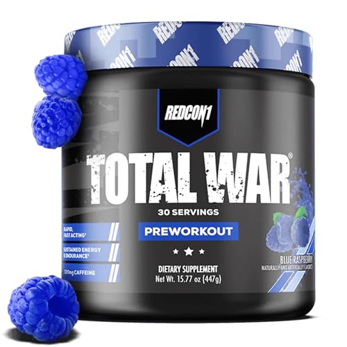 REDCON1 Total War Pre Workout Powder, Blue Raspberry - Beta Alanine + Citrulline Malate Keto Friendly Preworkout for Men & Women with 320mg of Caffeine - Fast Acting (30 Servings) - Blue Raspberry - 30 Servings