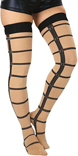 ToBeInStyle Women’s Vibrant Horizontal Wide Striped Thigh High Stockings - One Size - Opaque High Tights W/ Faux Belt Buckles Strap Belt Bondage - Beige Black