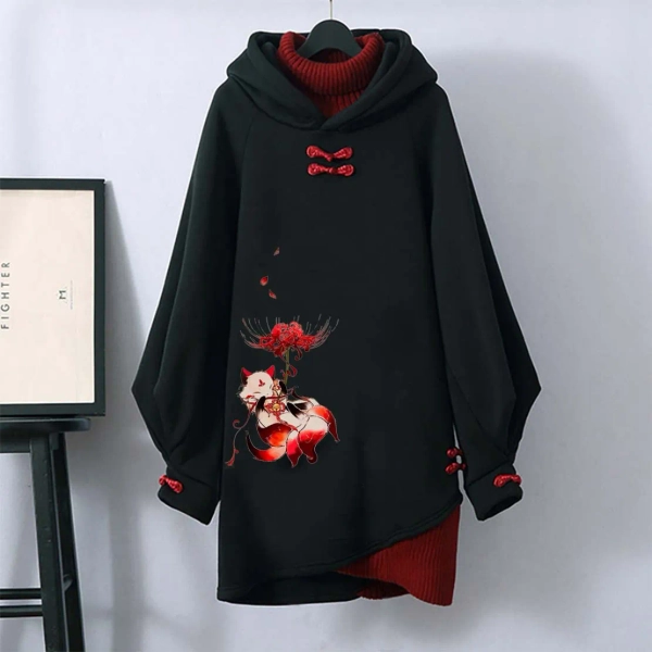 Modakawa Nine-tailed Fox Flower Print Vintage Hooded Sweatshirt Dress