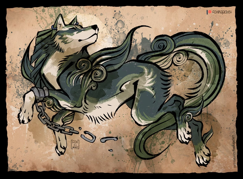 Okami style: Wolf Link | Print | Japanese "Okami Amaterasu" inspired artwork | Legend of Zelda | Mini poster