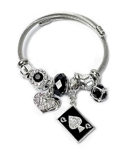 His and Hers Intimates HOTWIFE Stainless Steel Charm Bracelets - Hot Wife, Queen of Spades, Vixen, Threesome, Naughty, QOS, MFM, Swinger, Anklet, Necklace, Jewelry - QOS Card Charm Bangle Bracelet