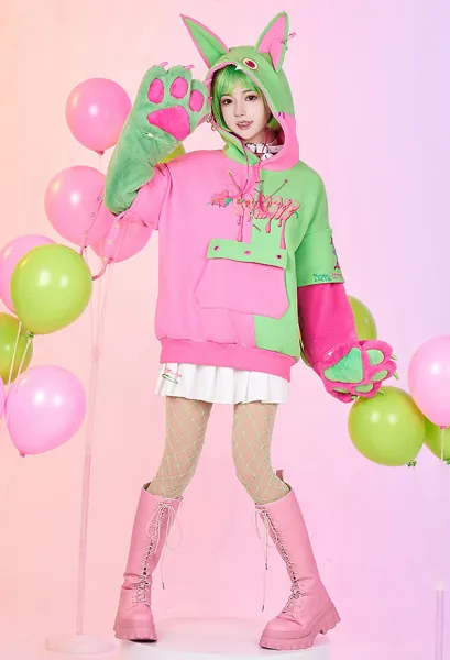 Harajuku Style Pullover Hoodie with Detachable Bag Furry Paw Design Gloves Green Pink Hoodie