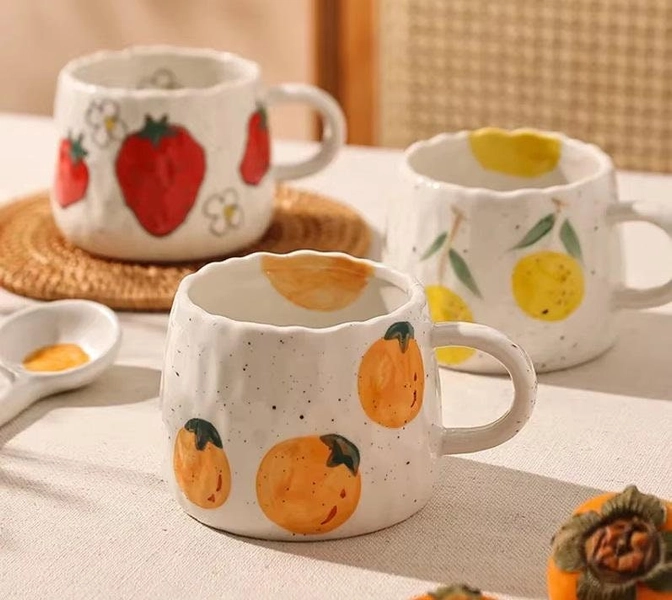 Ceramic Mug With Fruit Design | Lemon, Orange, Strawberry Mug | Pottery Mug | Fruit Mug | Ceramic Coffee Mug | Children's Cup | Drinkware