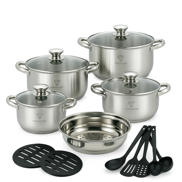 Jogo de Panelas 19 Peças Aço Inox Original + Acessórios com Fundo 9 Camadas para Indução e Gás