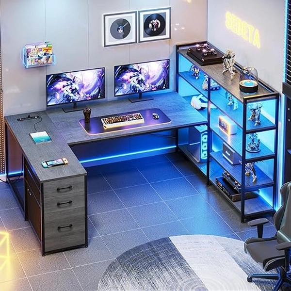 SEDETA Corner Computer Desk, Reversible U Shaped Office Desk with 3 Fabric Drawers and Power Outlet, Corner Gaming Desk with LED Lights, Storage Shelves, Grey