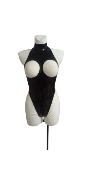 Latex bodysuit, backless bodysuit with snap fastening.