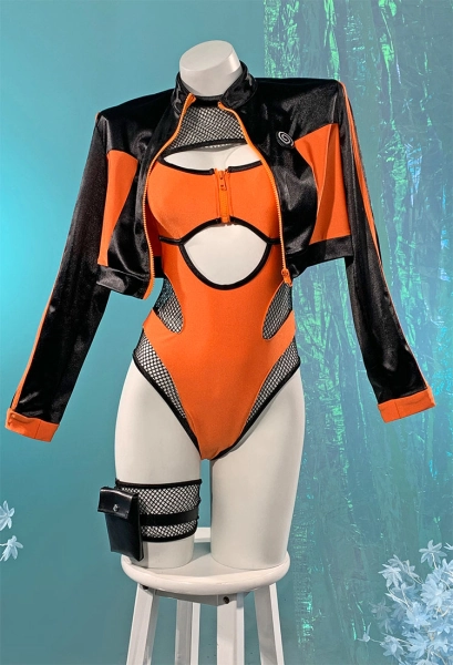 Ninja Derivative One-Piece Swimsuit Halter Mesh Cutout Bodysuit Bathing Suit and Short Jacket Cover-up