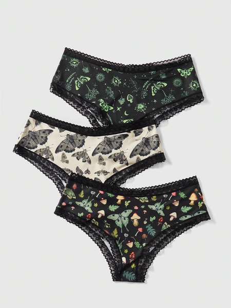 ROMWE Fairycore Plus Size Women's Lace Edge Mushroom & Butterfly & Colorblock Print Thong Underwear, 3pcs/Set