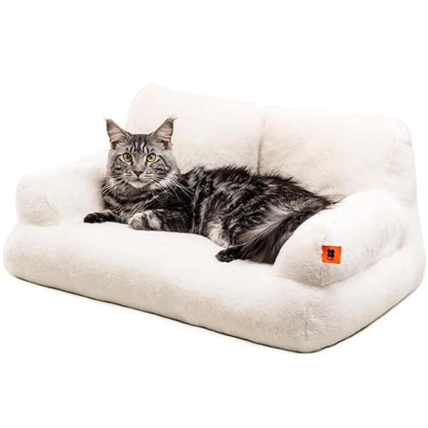 MEWOOFUN Cat Couch Bed for Indoor Cats, Washable Small Dog Beds for Medium Small Dogs & Cats up to 25 lbs, Fluffy Pet Beds with Non-Slip Bottom, 26×19×13 Inch (Beige)