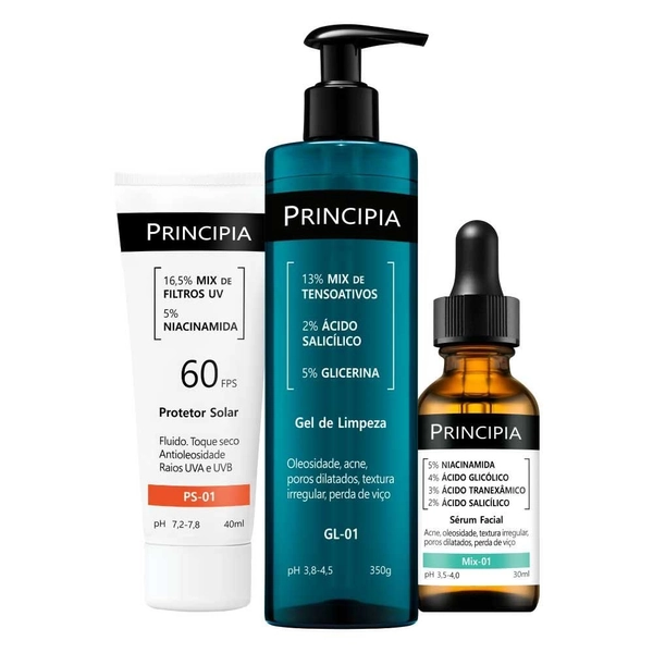 Principia Kit Anti-Acne Trio Gel de Limpeza GL-01 + SeÌrum Mix-01 + Protetor Solar Facial PS-01