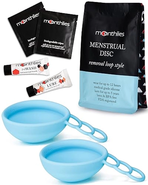 MOONTHLIES Reusable Menstrual Disc | Period Disc with Removal Loop Stem | Alternative to Menstrual Cups for Light or Heavy Flows | Eco-Friendly Feminine Hygiene (Set of 2 Large Period Discs, Blue)