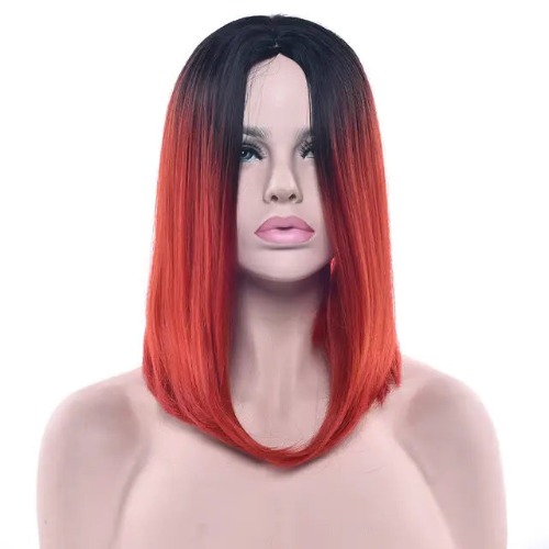 Medium Length Ombre Long Bob Wig in Chic Colorful Style - Red