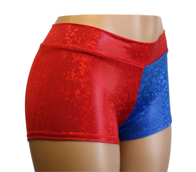 Red and Blue Hologram Mid Rise Booty Shorts - Great for Roller Derby, Cheer, Workouts, Yoga, Festivals, Clubs, Streetwear...