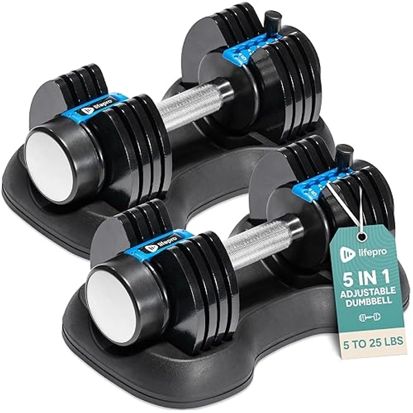 Lifepro Adjustable Dumbbell Set - Hand Weights for Women and Men - Dumbbell with Adjustable Weights, 5lb, 10lb, 15lb, 20lb, 25lb