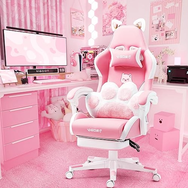 Vigosit Pink Gaming Chair with Cat Paw Lumbar Cushion and Cat Ears, Ergonomic Computer Chair with Footrest, Reclining PC Game Chair for Girl, Teen