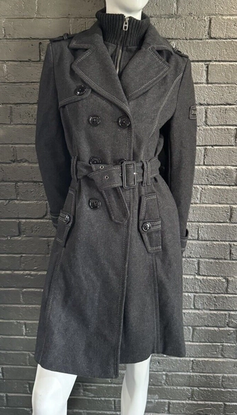 MISS SIXTY Vintage Grey Wool Double Layered Trench Coat Jacket RARE!!