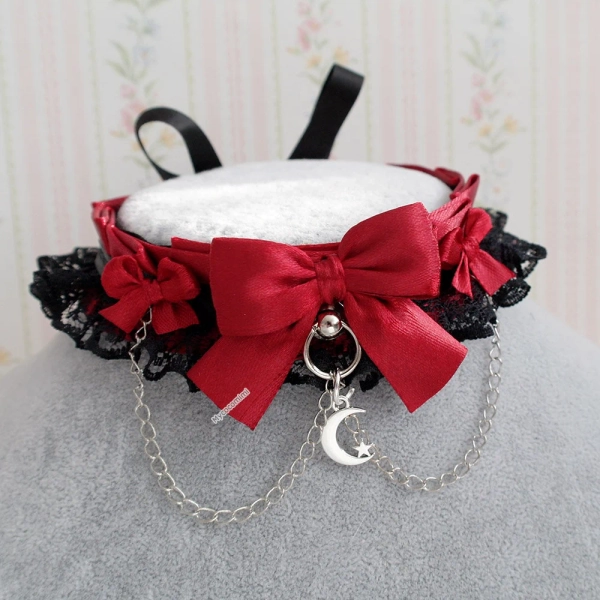 Burgundy red choker necklace, kitten play collar , black lace ruffles bow chain little crescent moon , gothic vampire style