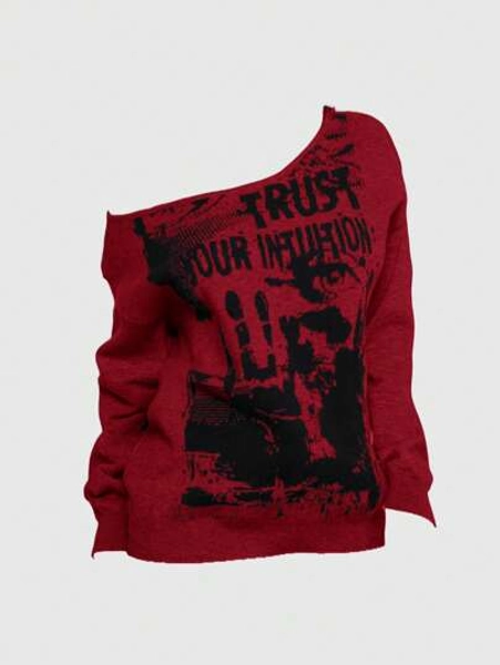 ROMWE Grunge Punk Vintage Music Festival Gothic Pattern Oversized Asymmetric Neck Sweater For Women