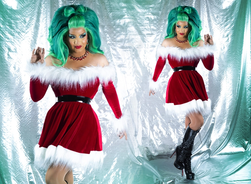 Drag Queen Christmas Santa Dress with Tinsel Fur