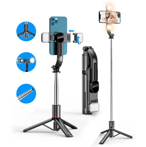 Selfie stick with stand or handheld, extendable up to 116 cm with Wireless Remote and optional lights, 360 rotatable, portable mobile holder compatible with a wide range of Android and iPhone phones