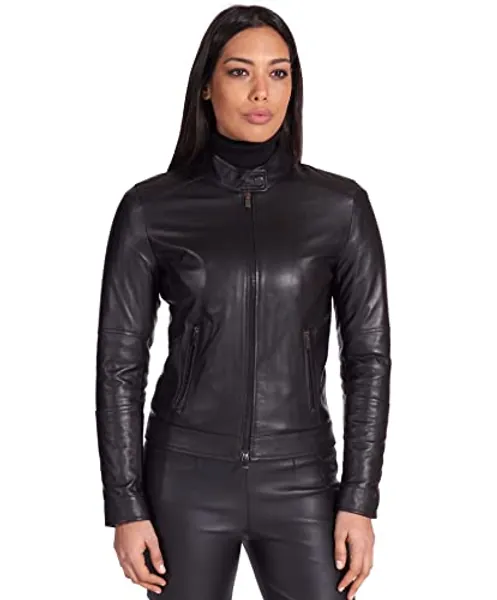 D'Arienzo Damen Lederjacke Schwarze Bikerjacke Echtleder Made in Italy LIinda